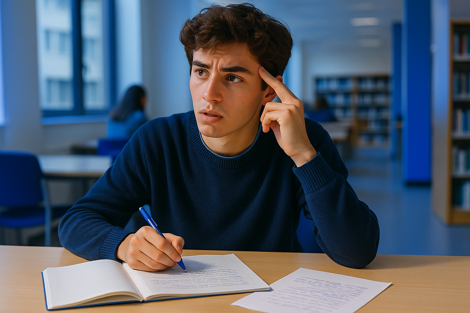 Un étudiant posant des questions sur ses notes devant un cahier ouvert et une feuille de quiz manuscrite, sans texte visible
