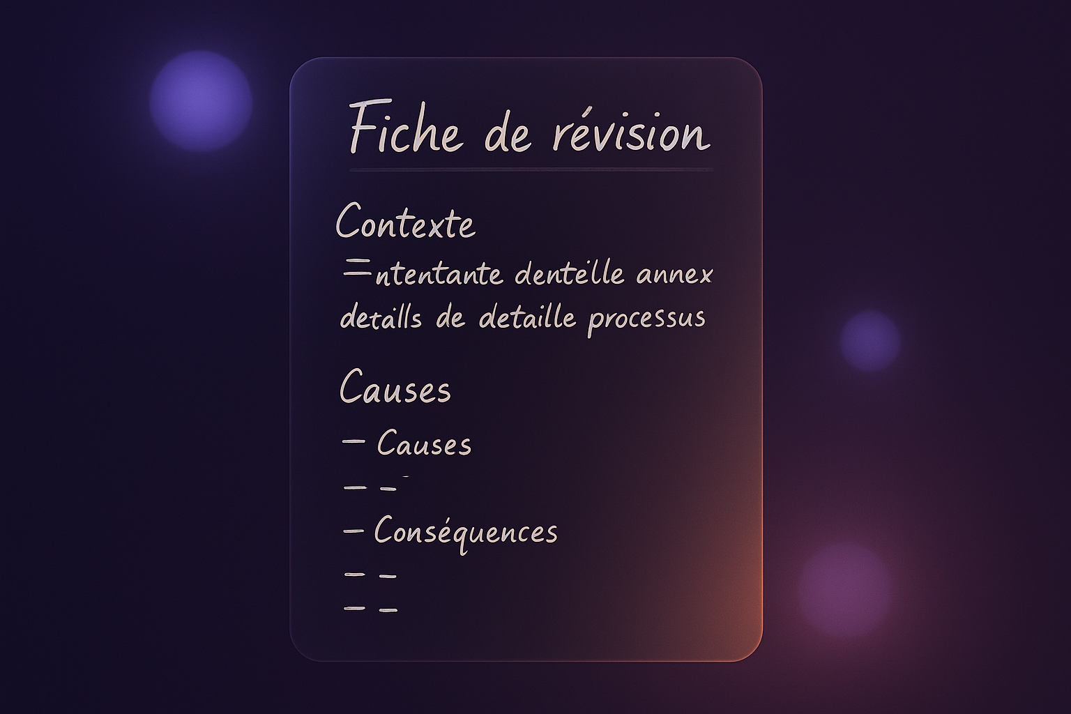 fiche de révision histoire manuscrite avec titre, contexte en trois lignes, liste causes et conséquences, sans texte décorati