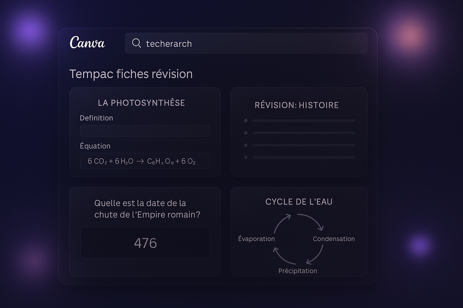 capture d'écran de l'interface Canva avec des templates de fiches de révision affichés dans les résultats de recherche