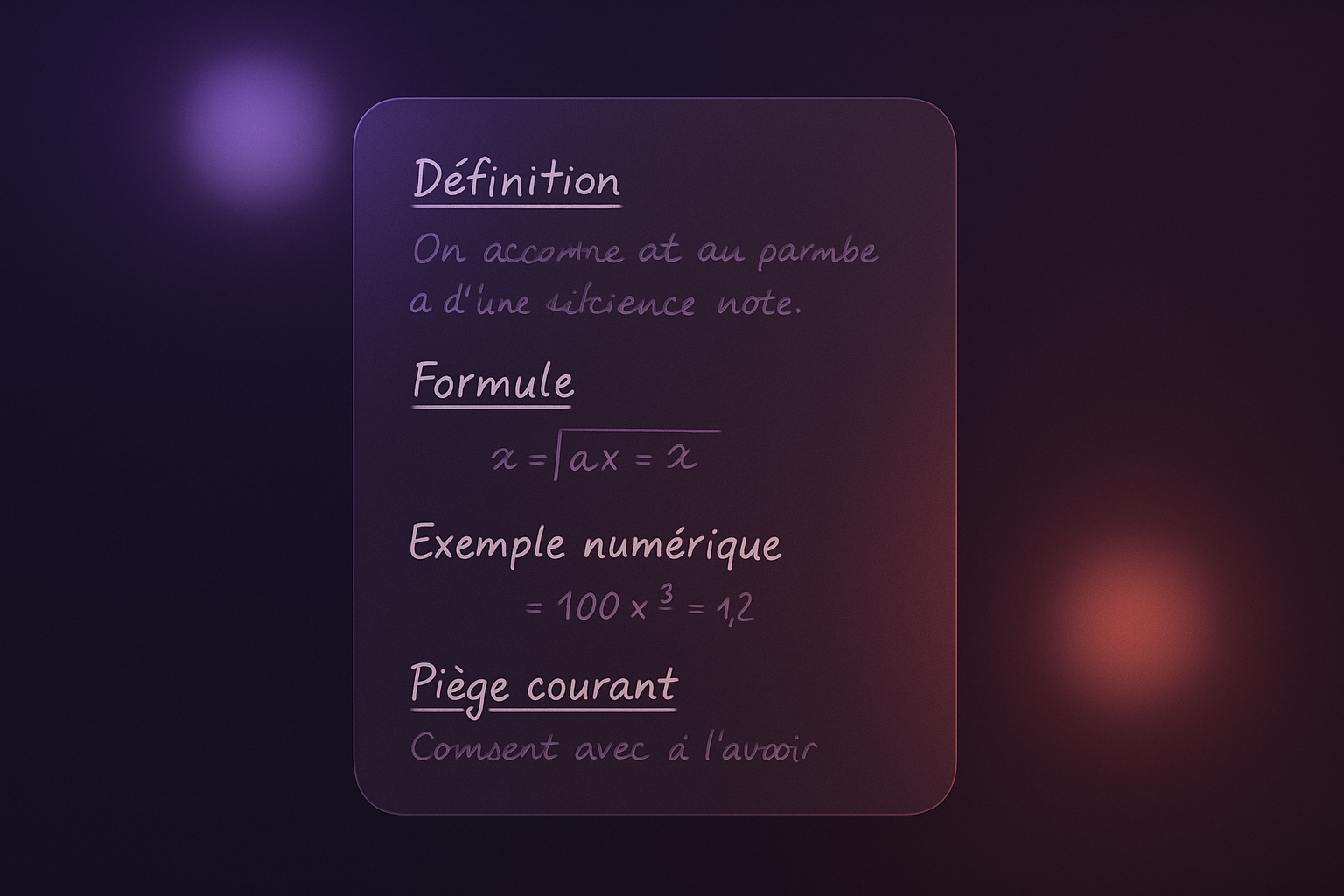 une fiche de révision en maths manuscrite, divisée en quatre zones distinctes : définition, formule, exemple numérique, piège