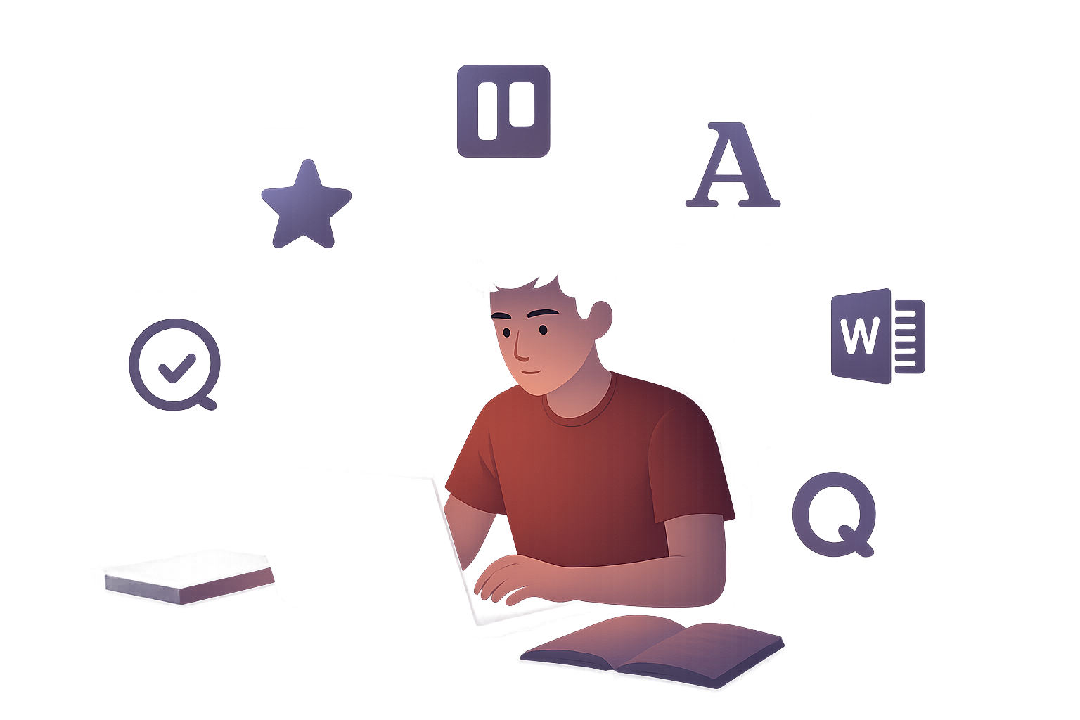 Illustration montrant 7 logos d'outils numériques de révision disposés autour d'un étudiant à son bureau avec un ordinateur p