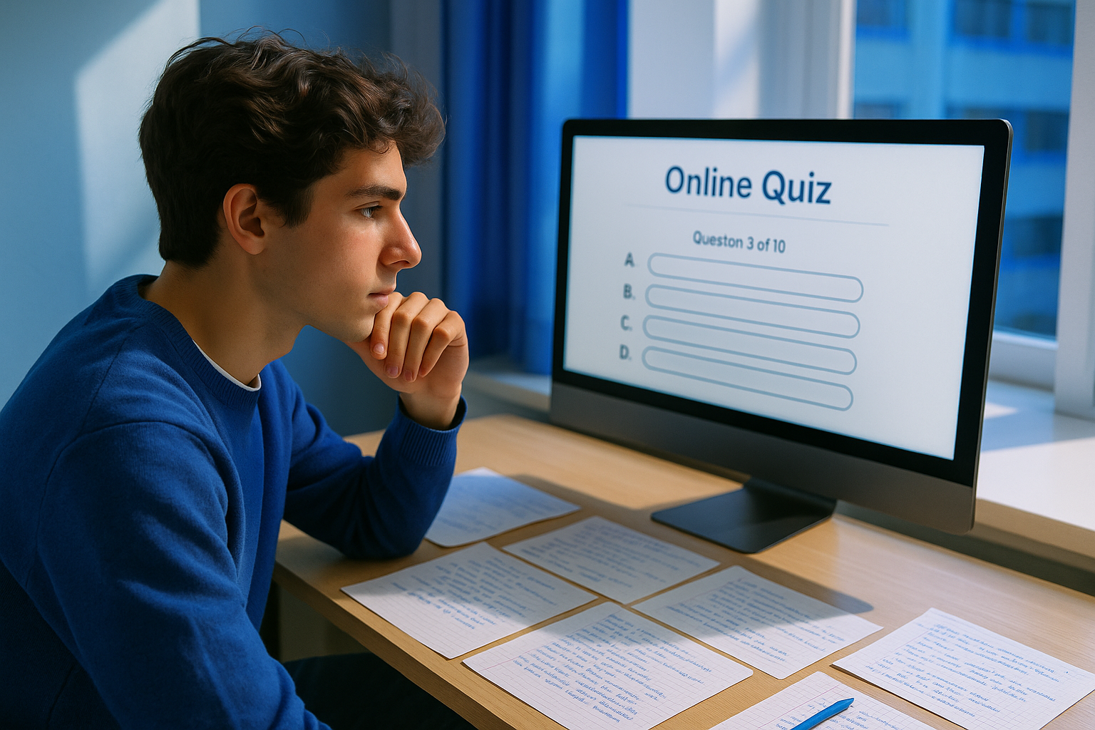 Un étudiant devant un écran d'ordinateur portant un quiz en ligne, entouré de fiches de révision manuscrites posées sur un bu