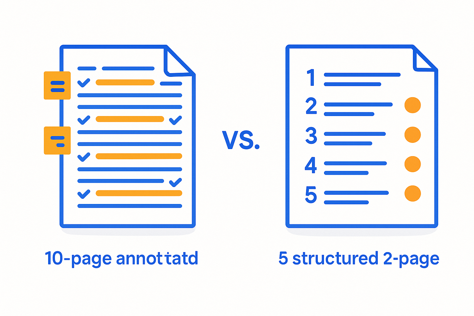 schéma comparatif — un cours de 10 pages annoté de partout vs. un résumé structuré de 2 pages avec 5 concepts clés identifiés