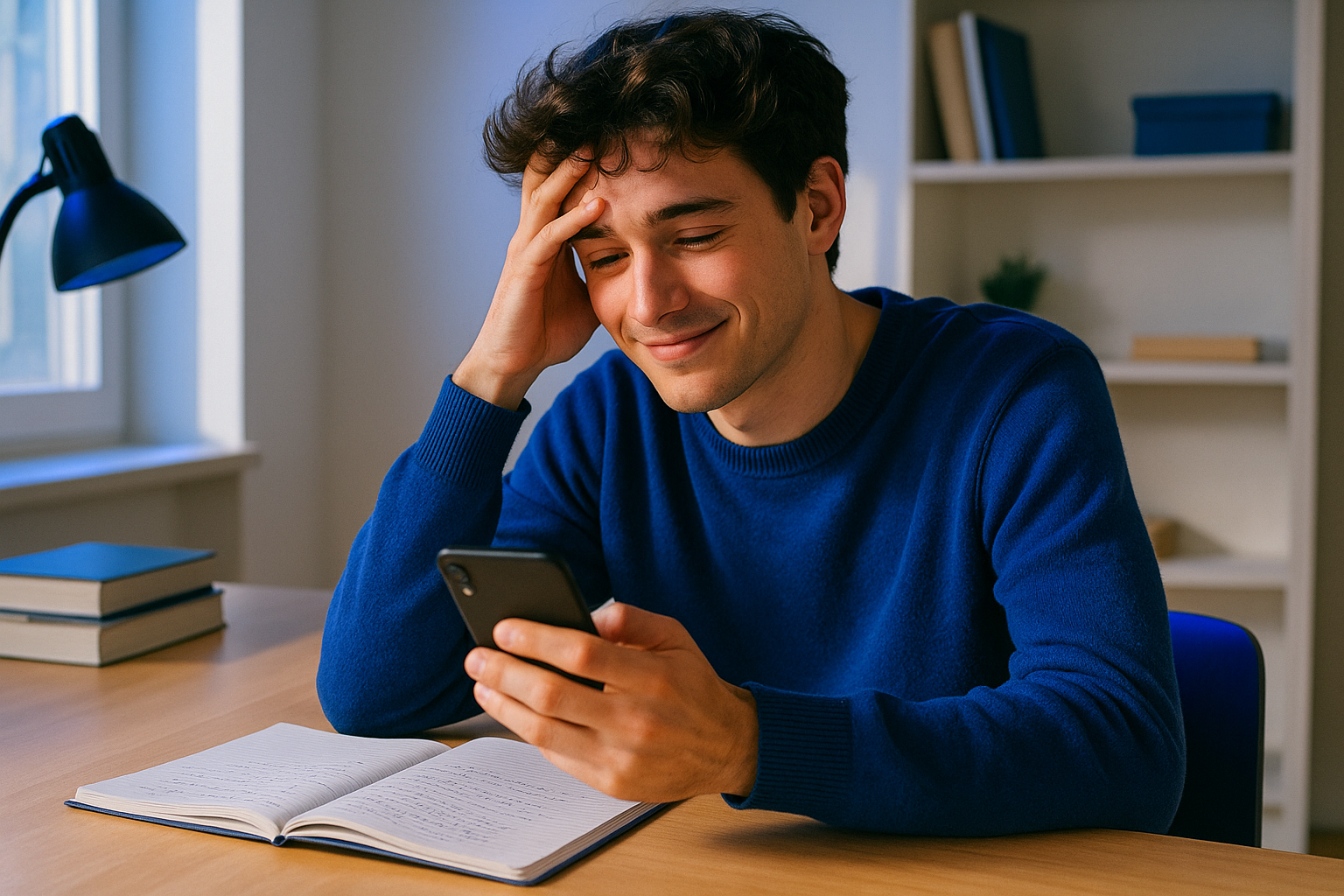 étudiant assis à son bureau, l'air épuisé mais regardant son téléphone avec une expression soulagée — ressource d'aide access