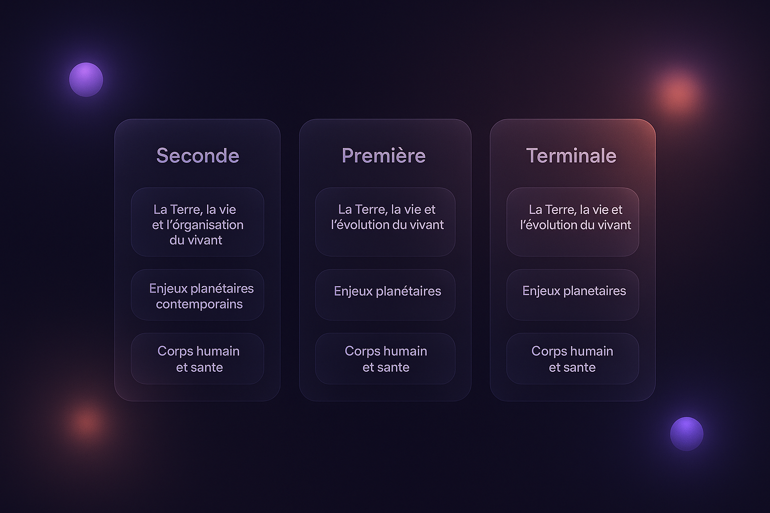 infographie représentant les grandes thématiques du programme SVT par niveau lycée, de la seconde à la terminale, organisées