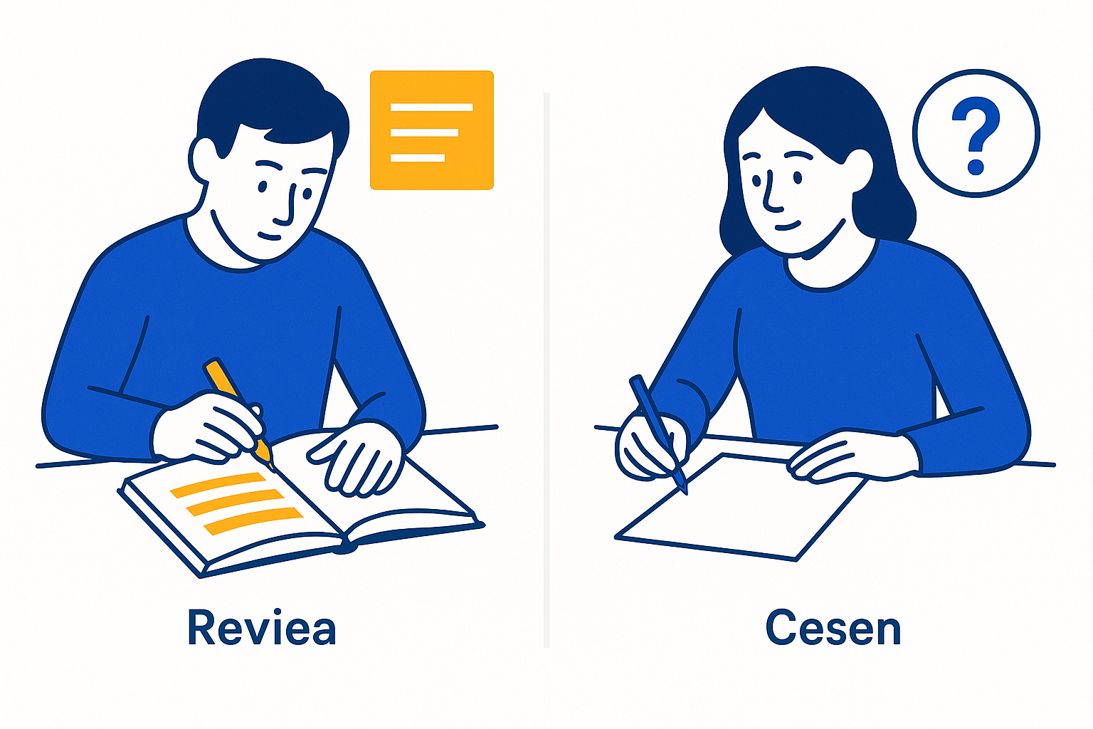 schéma comparatif montrant à gauche une personne qui relit des notes surlignées, à droite une personne qui ferme ses notes et