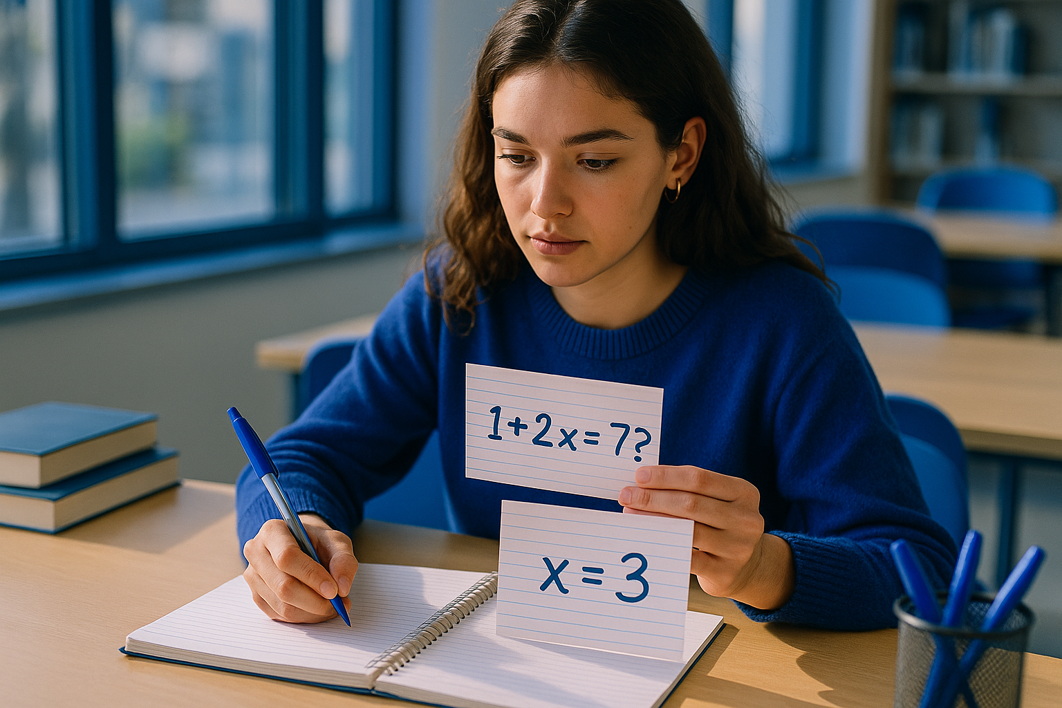 exemple de flashcard manuscrite avec au recto une question de mathématiques et au verso la réponse écrite en grand