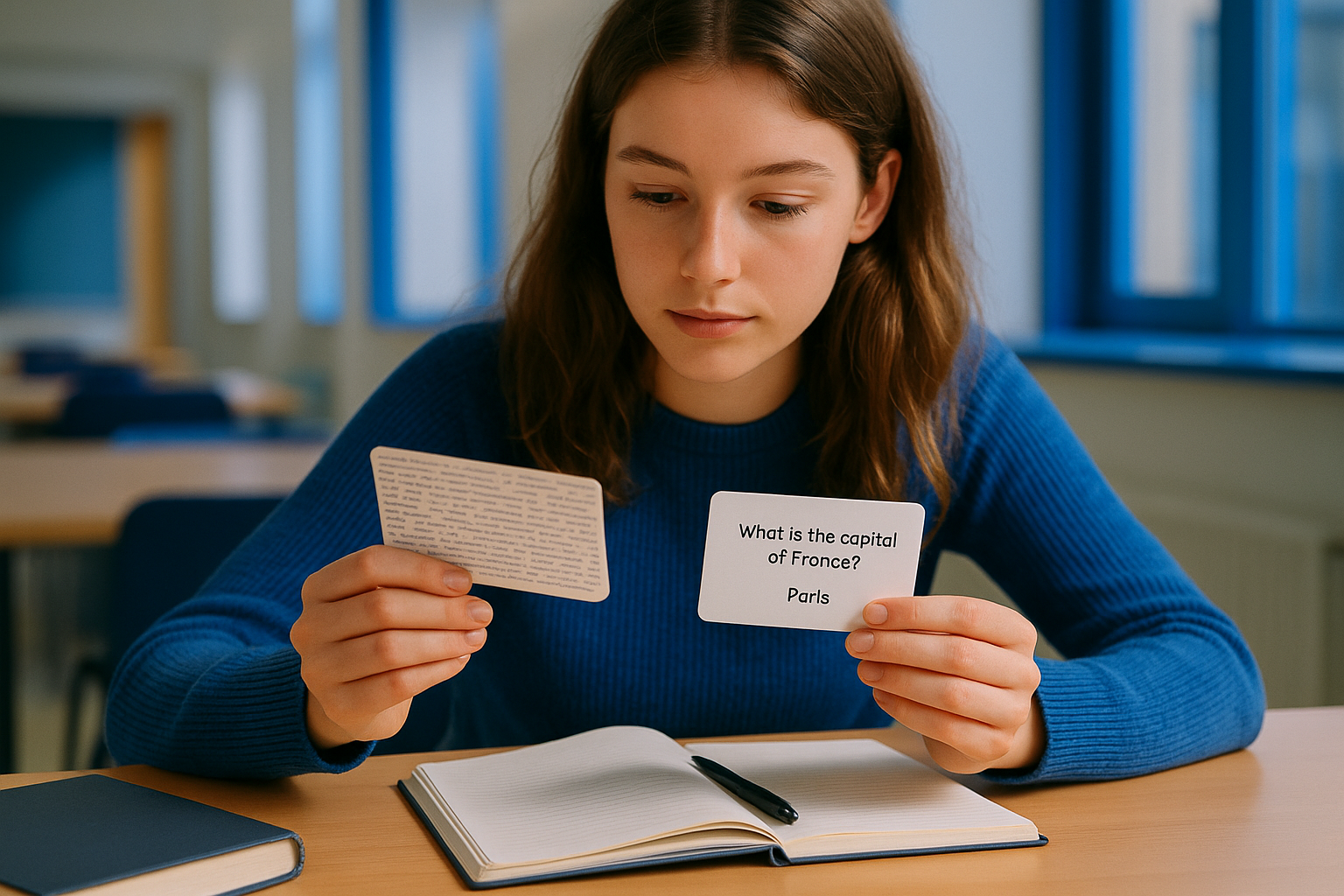 comparaison visuelle d'une flashcard surchargée avec texte dense au verso versus une flashcard minimaliste avec une question 