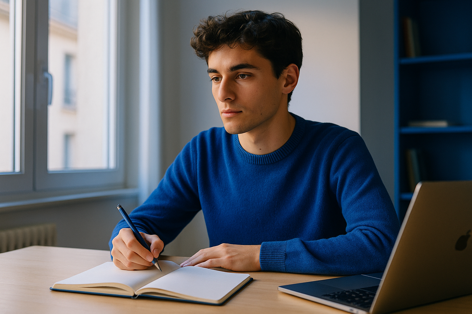lycéen assis à son bureau, carnet ouvert et ordinateur allumé, regard concentré et calme
