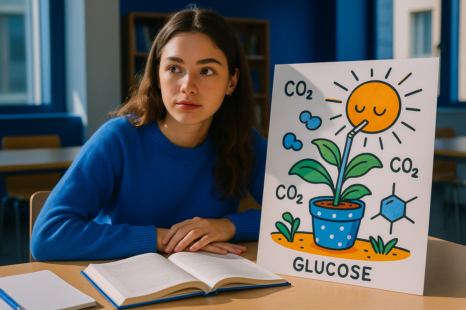 dessin schématique et coloré d'une plante anthropomorphe buvant à la paille sous un soleil exagéré, entourée de symboles CO2