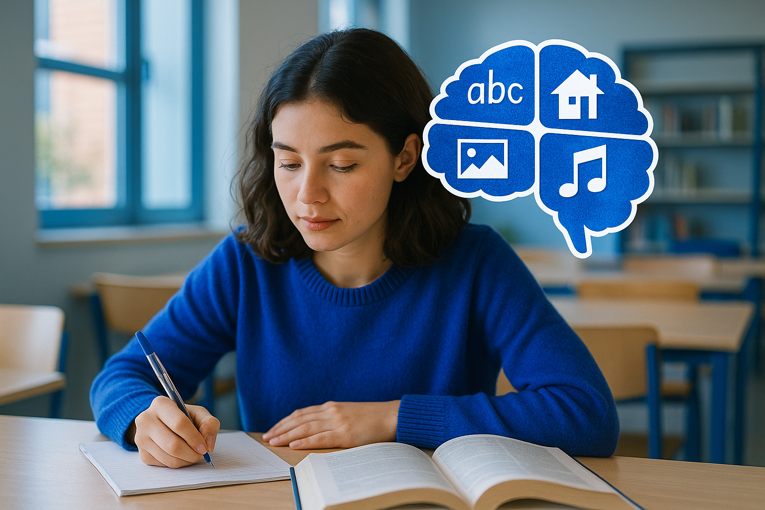 cerveau divisé en 5 zones illustrant chacune une technique mnémotechnique différente : lettres, maison, image, note de musiqu