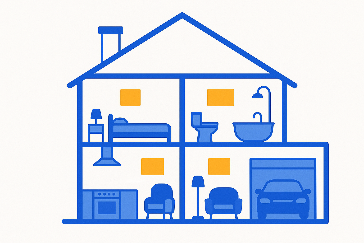 schéma d'une maison vue en coupe avec des étiquettes dans chaque pièce représentant des informations à mémoriser