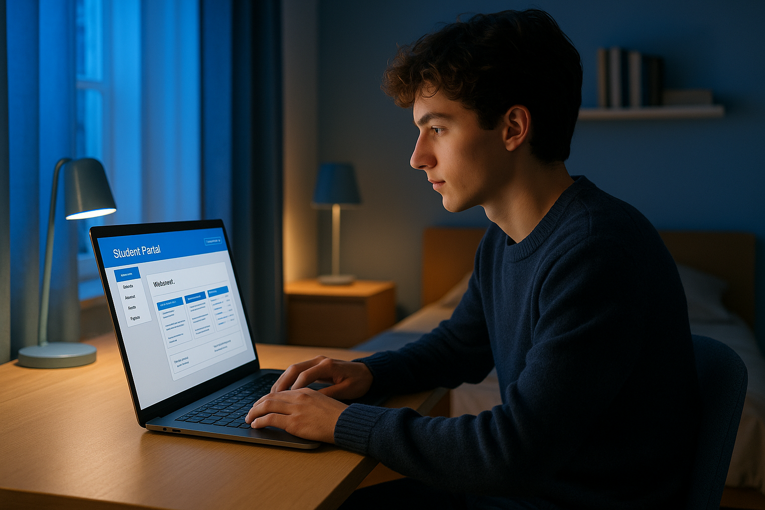lycéen regardant un écran d'ordinateur affichant une interface de portail en ligne, dans une chambre, en soirée, expression a