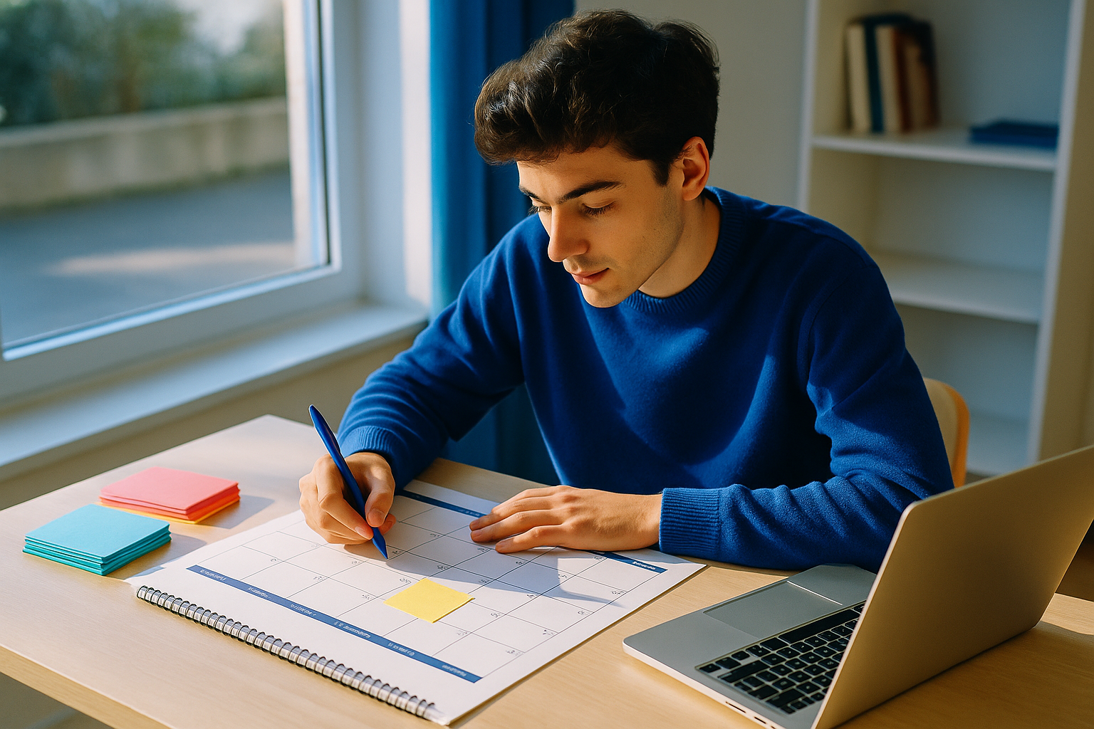 étudiant qui planifie ses révisions d'été sur un bureau avec un calendrier, des fiches colorées et un ordinateur ouvert