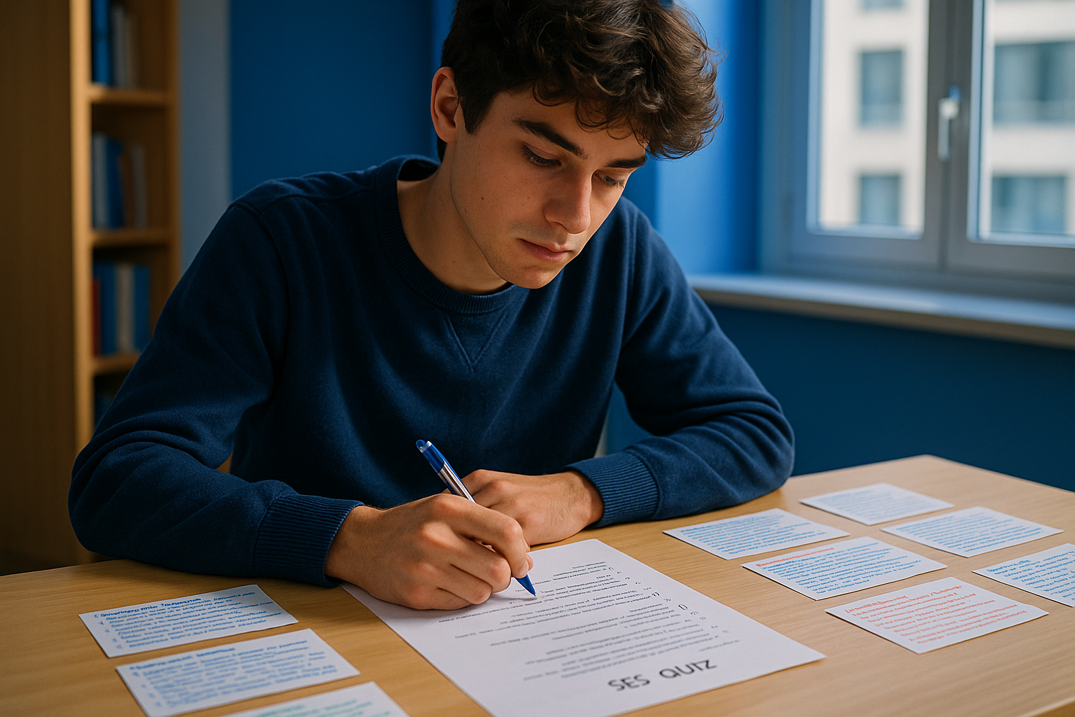 lycéen face à une feuille de quiz SES annotée, entouré de fiches de révision organisées sur un bureau