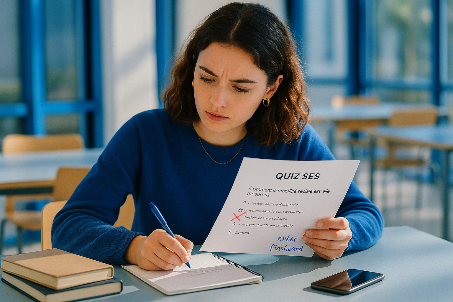capture d'un quiz SES avec une question sur la mobilité sociale annotée, montrant une croix rouge et une note 