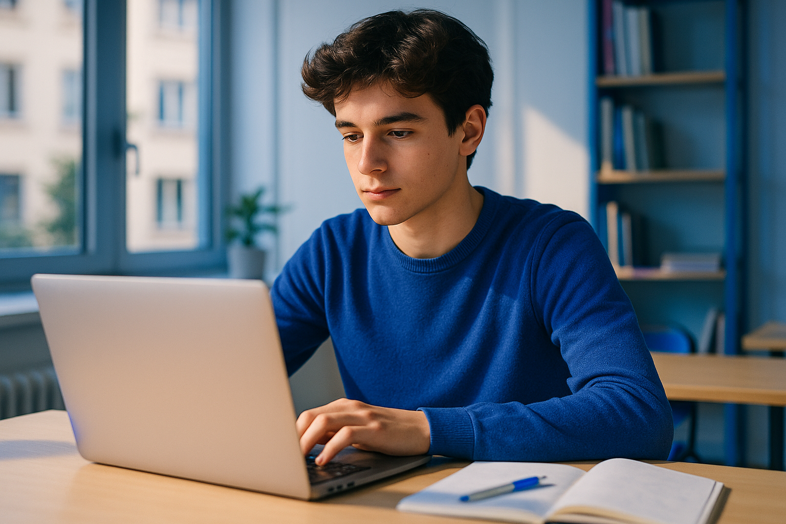 jeune lycéen consulte son compte Parcoursup sur un ordinateur portable, expression concentrée et sereine, bureau lumineux