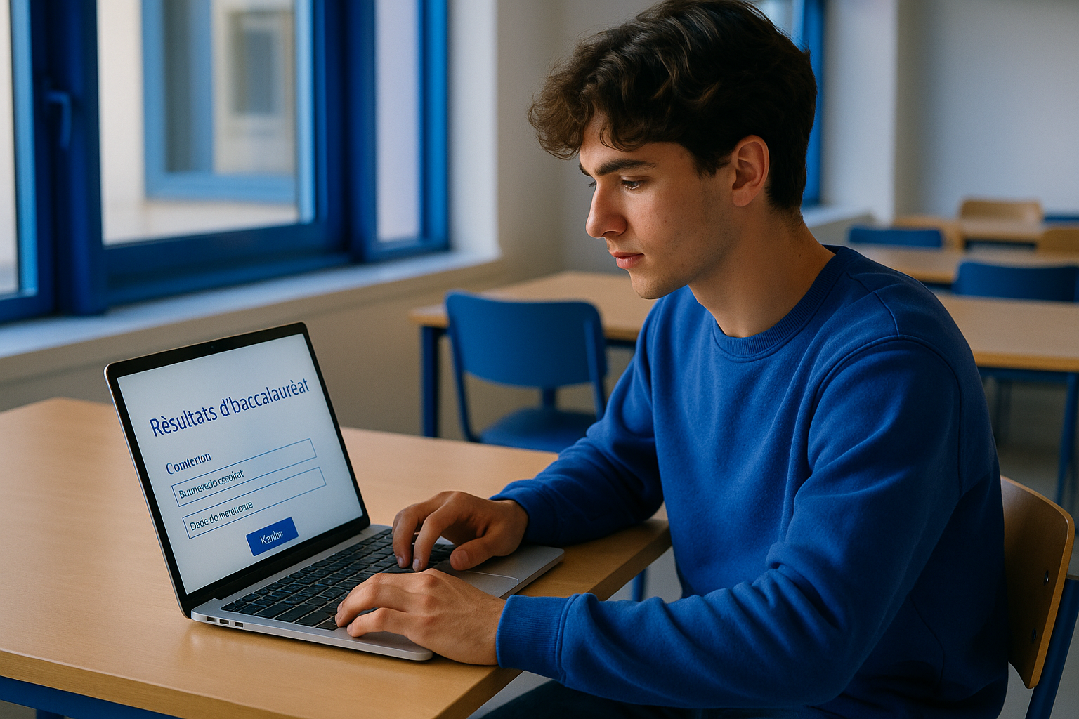 lycéen consultant ses résultats du bac sur un ordinateur portable, affichage d'un écran de connexion avec champs numéro candi